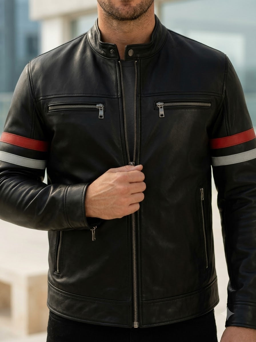 Taj Signature Monaco Striped Racing Leather Jacket