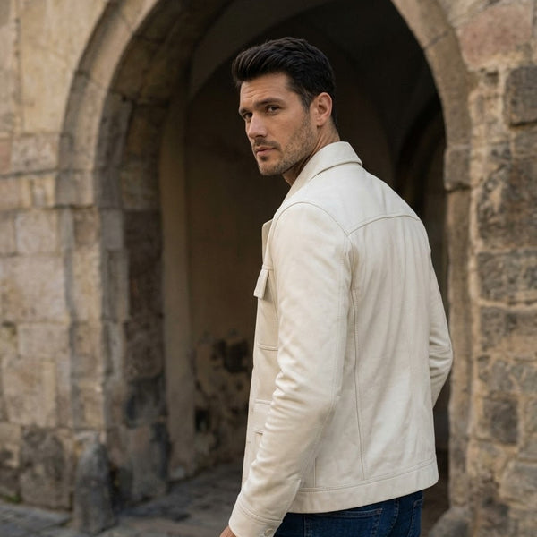 Taj Bespoke St. Moritz Ivory Safari Leather Overshirt