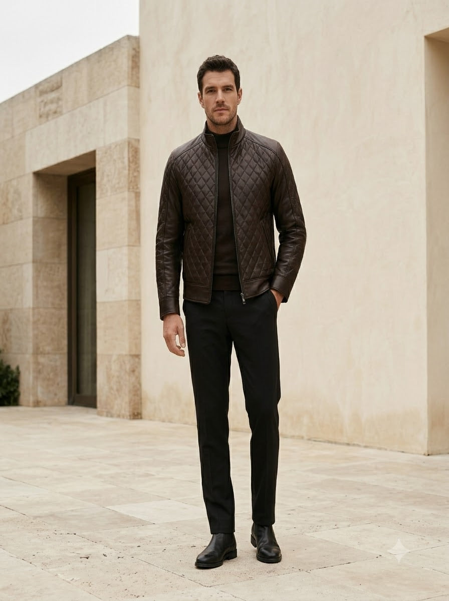 Taj Bespoke Espresso Diamond-Quilted Moto Jacket
