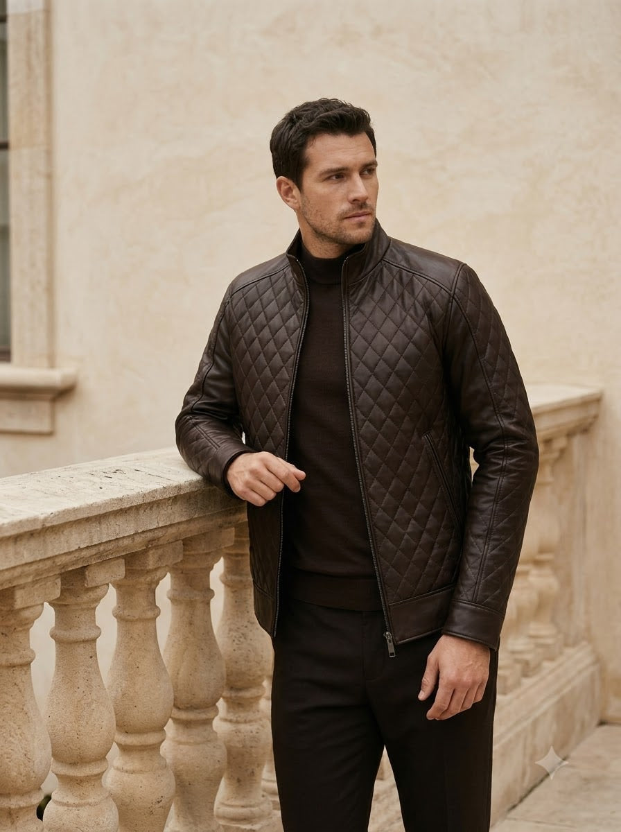 Taj Bespoke Espresso Diamond-Quilted Moto Jacket