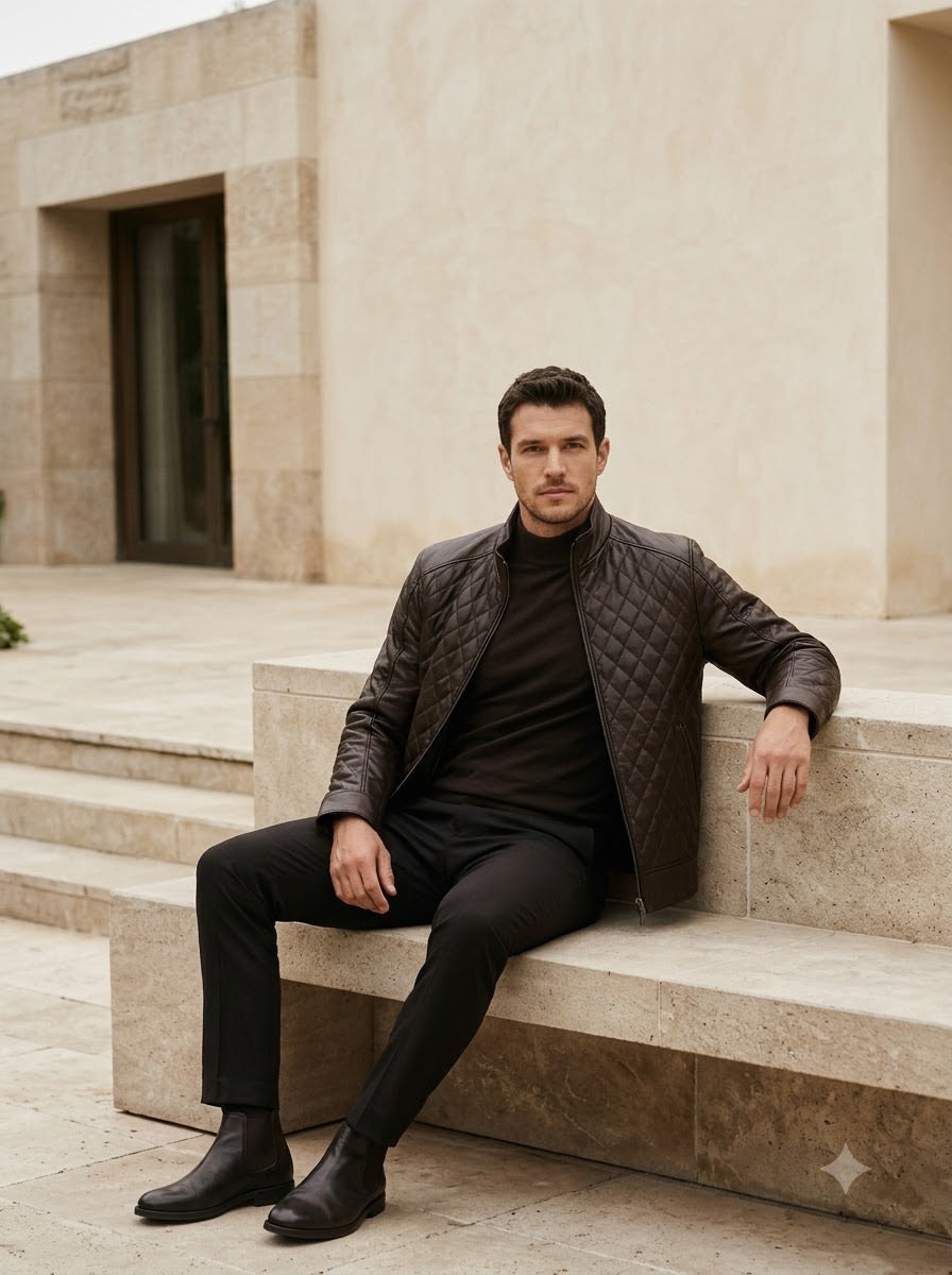 Taj Bespoke Espresso Diamond-Quilted Moto Jacket