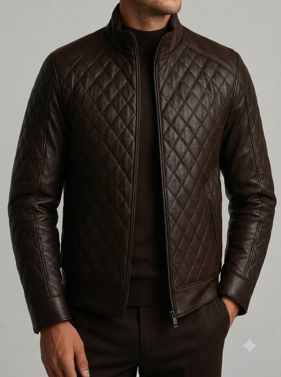 Taj Bespoke Espresso Diamond-Quilted Moto Jacket