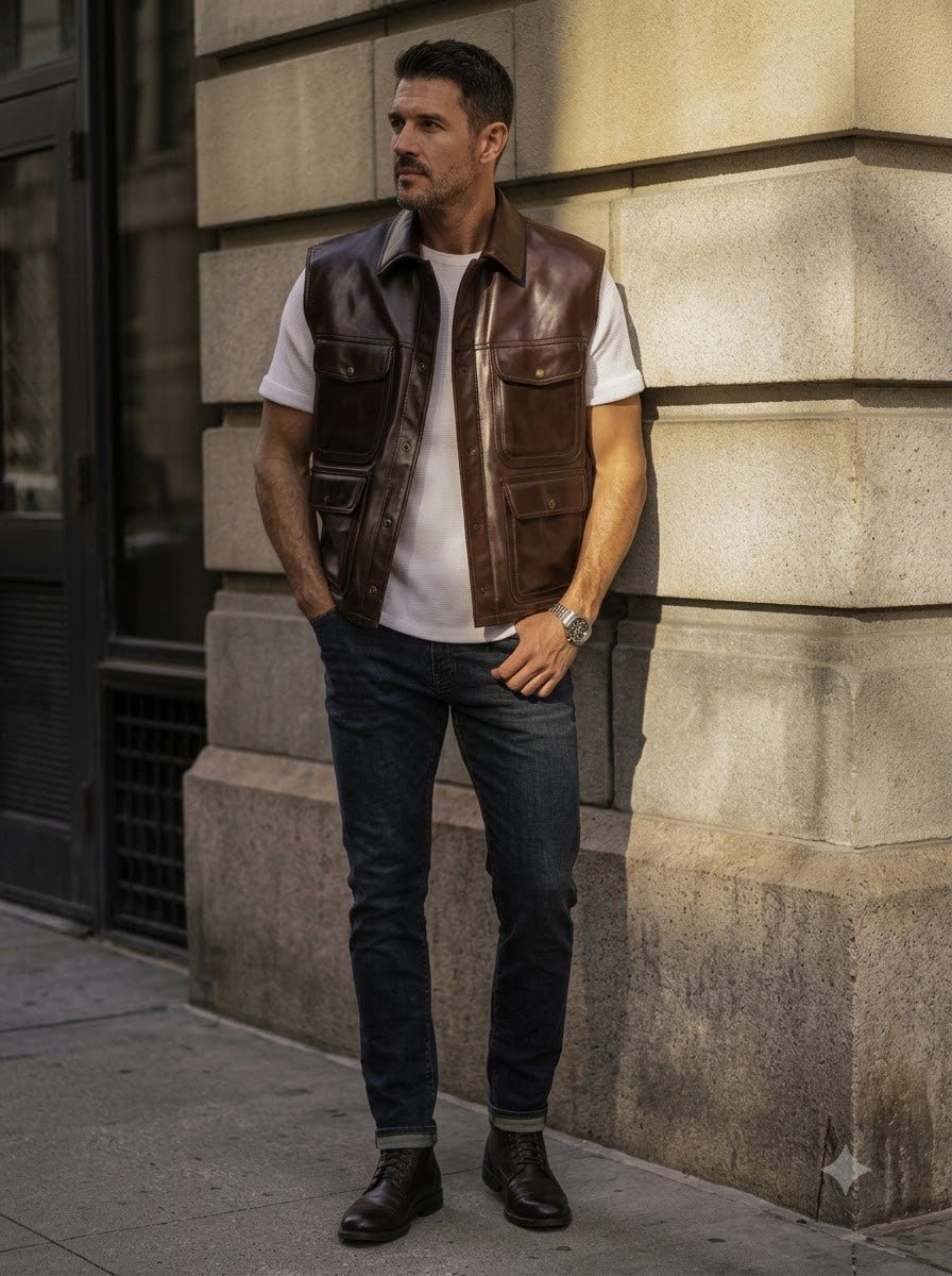 Taj Heritage Ranger Brown Leather Utility Gilet Vest