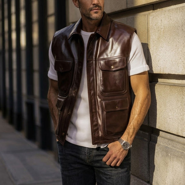 Taj Heritage Ranger Brown Leather Utility Gilet Vest