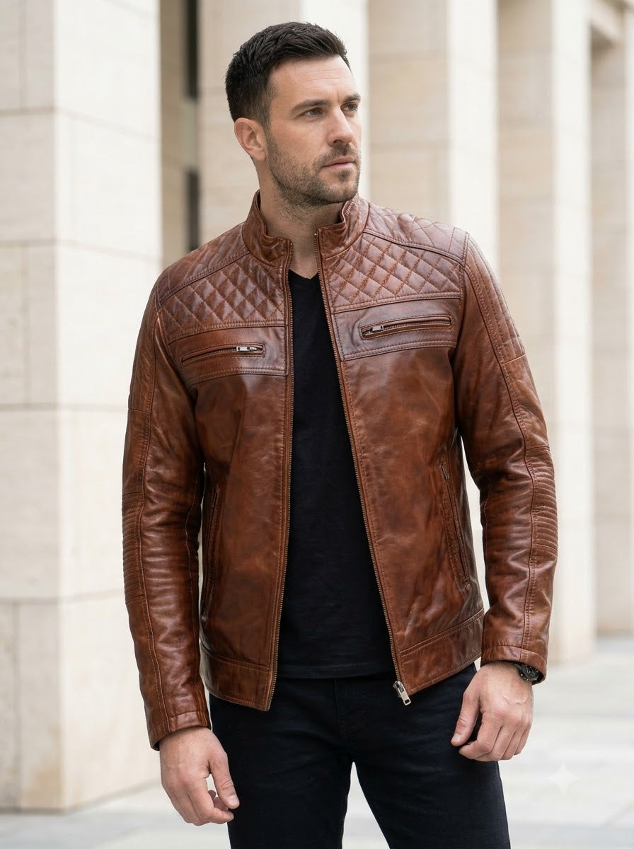 Taj Heritage Cognac Diamond-Quilted Biker Jacket