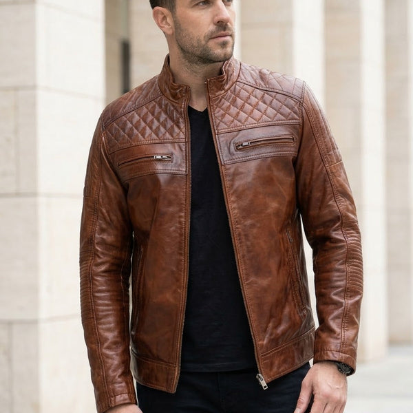 Taj Heritage Cognac Diamond-Quilted Biker Jacket