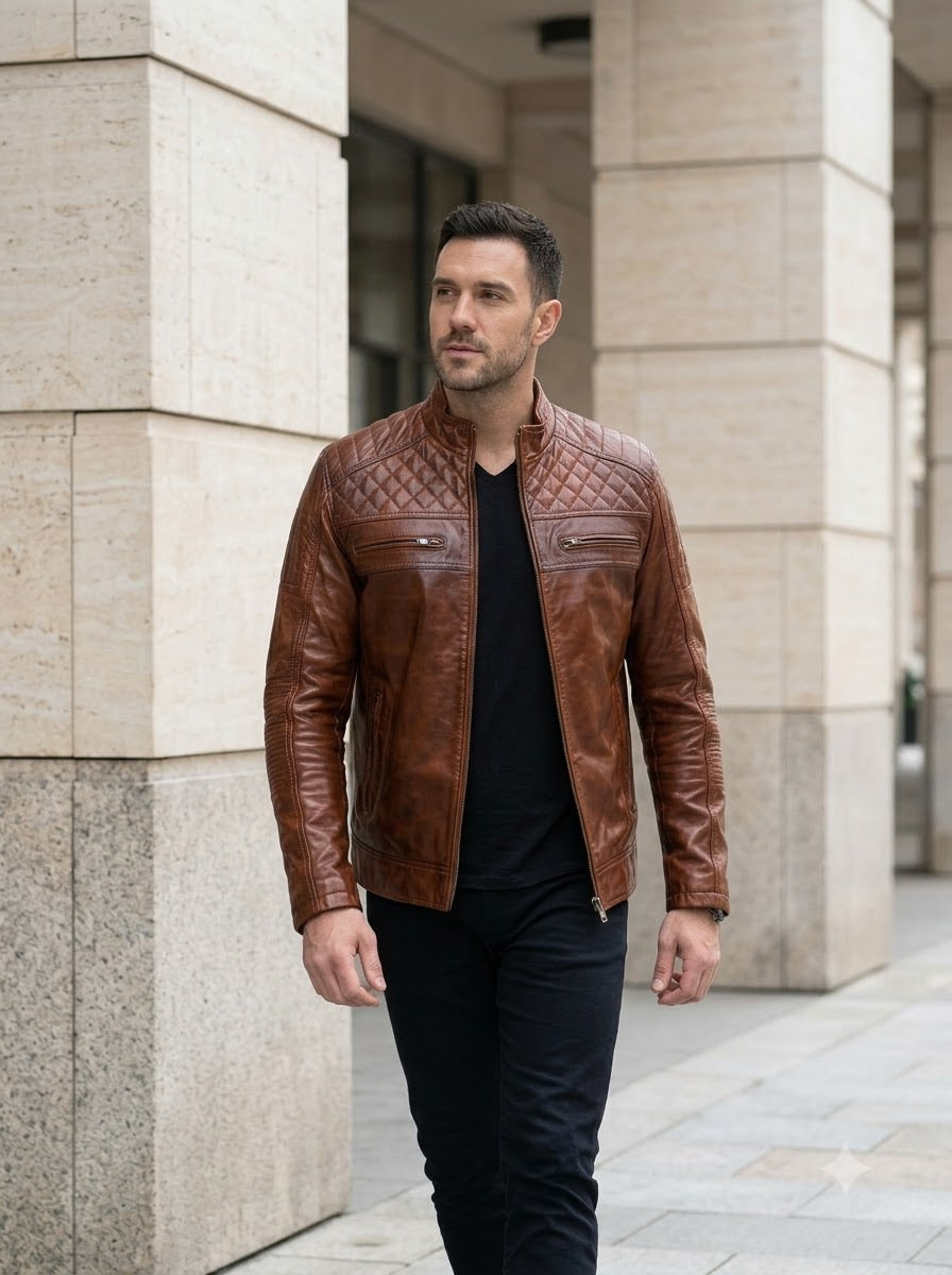 Taj Heritage Cognac Diamond-Quilted Biker Jacket