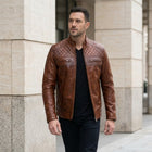 Taj Heritage Cognac Diamond-Quilted Biker Jacket