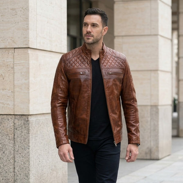Taj Heritage Cognac Diamond-Quilted Biker Jacket