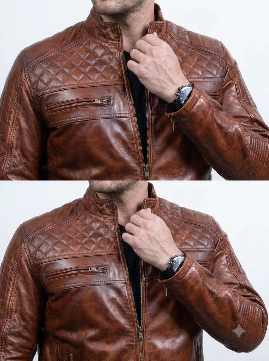 Taj Heritage Cognac Diamond-Quilted Biker Jacket
