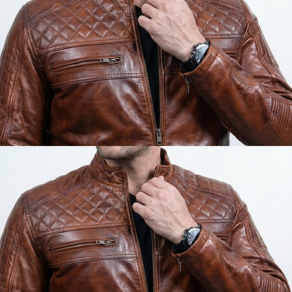 Taj Heritage Cognac Diamond-Quilted Biker Jacket