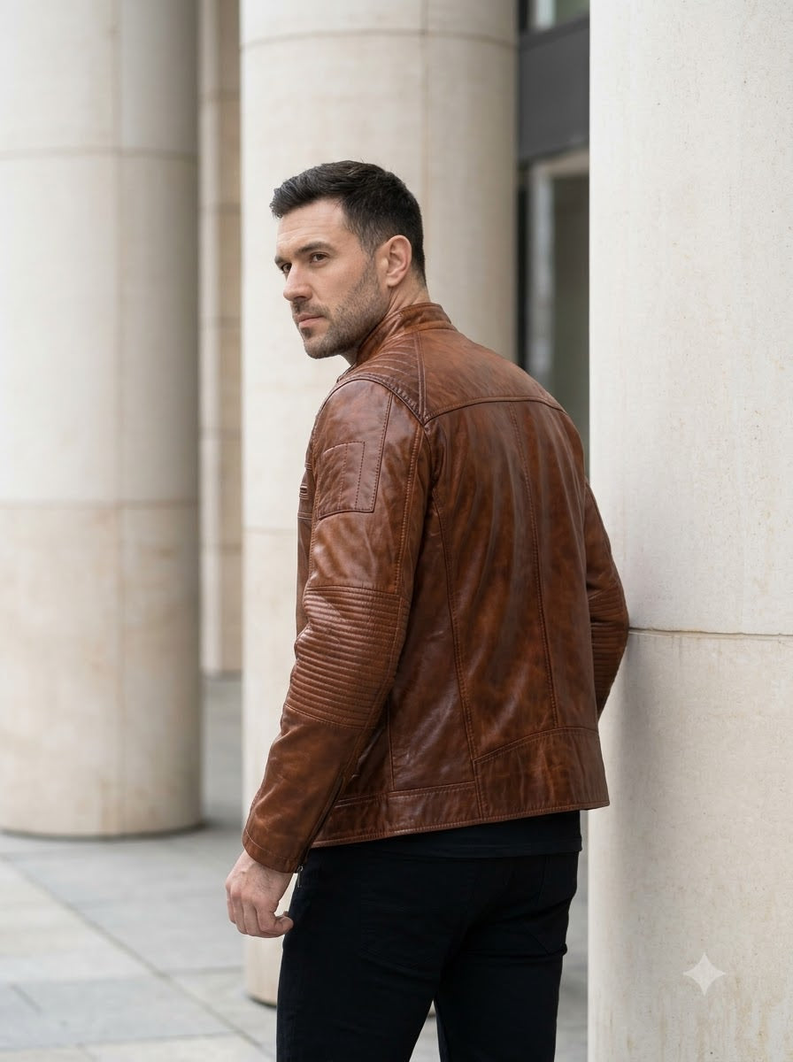 Taj Heritage Cognac Diamond-Quilted Biker Jacket