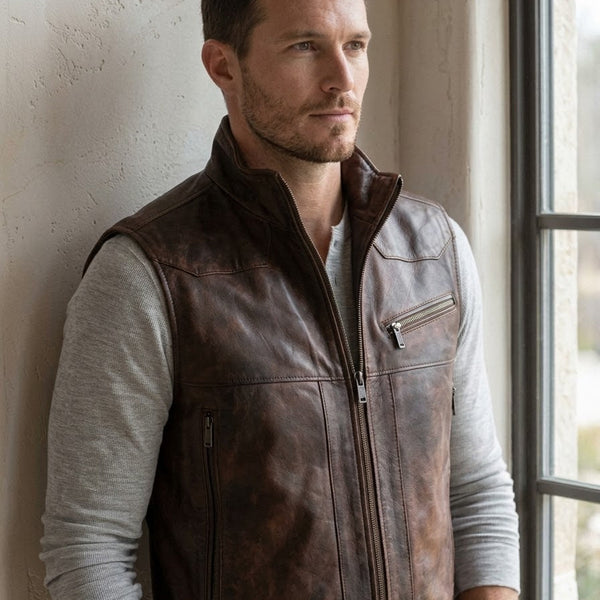 Taj Heritage Highland Distressed Leather Gilet Vest
