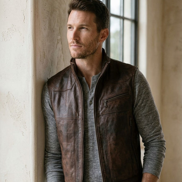 Taj Heritage Highland Distressed Leather Gilet Vest