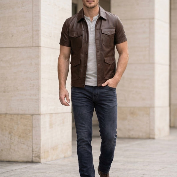 Taj Heritage Havana Brown Short-Sleeve Leather Shirt