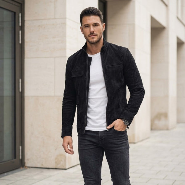 Taj Signature Onyx Suede Button-Up Leather Overshirt
