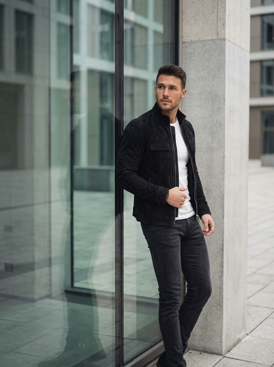 Taj Signature Onyx Suede Button-Up Leather Overshirt