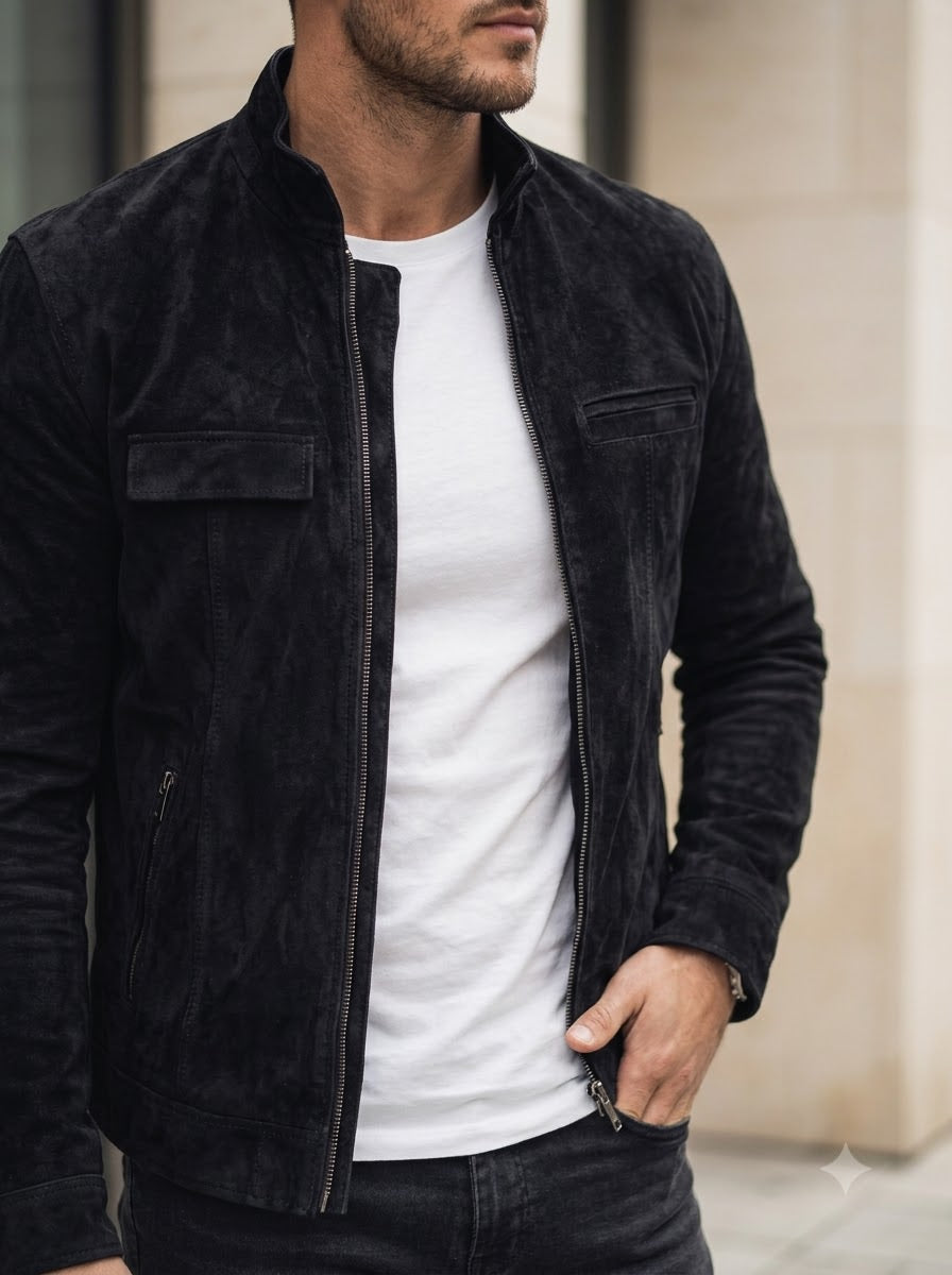 Taj Signature Onyx Suede Button-Up Leather Overshirt