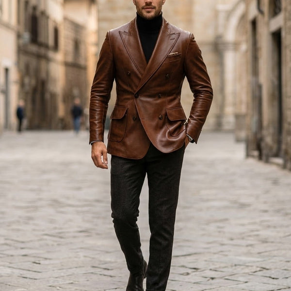 Taj Bespoke Cognac Double-Breasted Leather Blazer