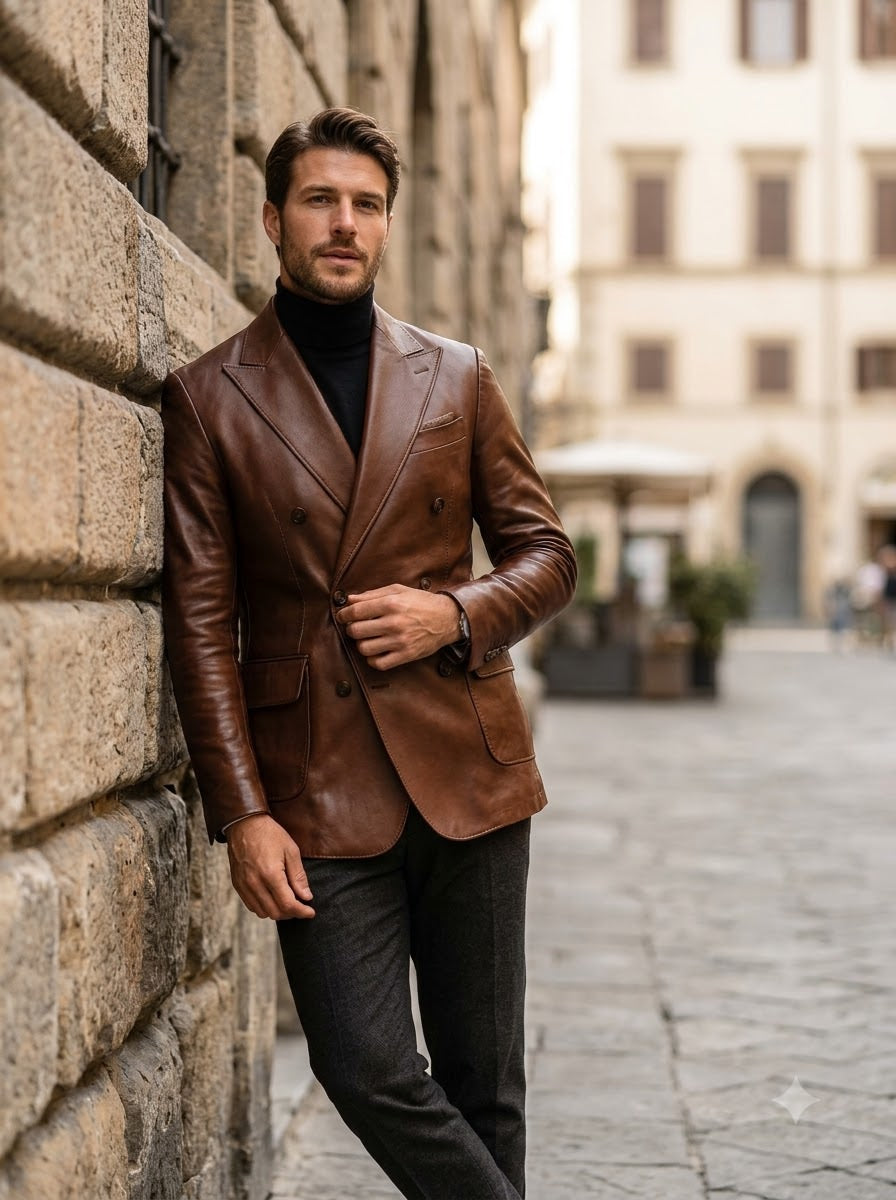 Taj Bespoke Cognac Double-Breasted Leather Blazer