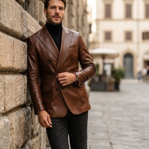 Taj Bespoke Cognac Double-Breasted Leather Blazer