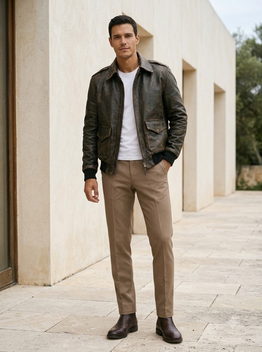 Taj Heritage Vintage Distressed Olive Leather Bomber Jacket