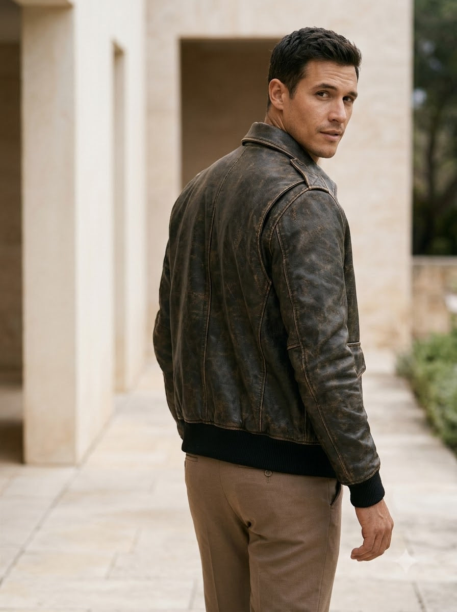 Taj Heritage Vintage Distressed Olive Leather Bomber Jacket