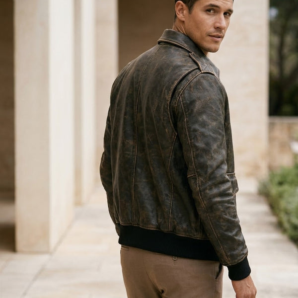 Taj Heritage Vintage Distressed Olive Leather Bomber Jacket