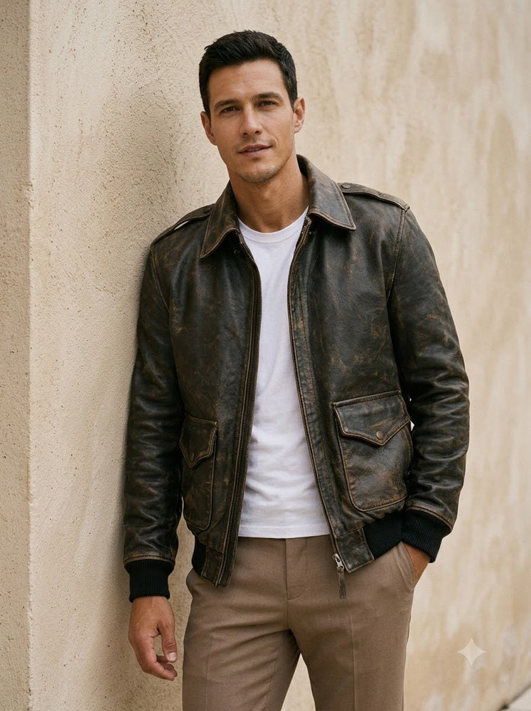 Taj Heritage Vintage Distressed Olive Leather Bomber Jacket