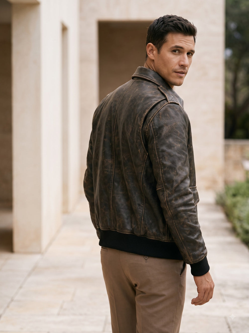 Taj Heritage Vintage Distressed Olive Leather Bomber Jacket