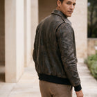 Taj Heritage Vintage Distressed Olive Leather Bomber Jacket
