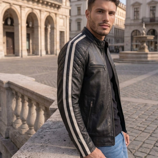 Taj Signature Monza Twin-Stripe Cafe Racer Leather Jacket
