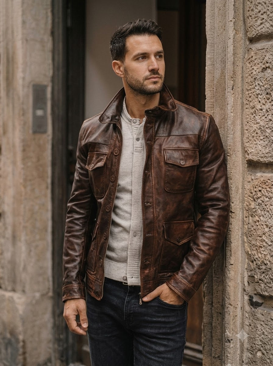 Taj Heritage Distressed Antique Brown Moto Leather Jacket