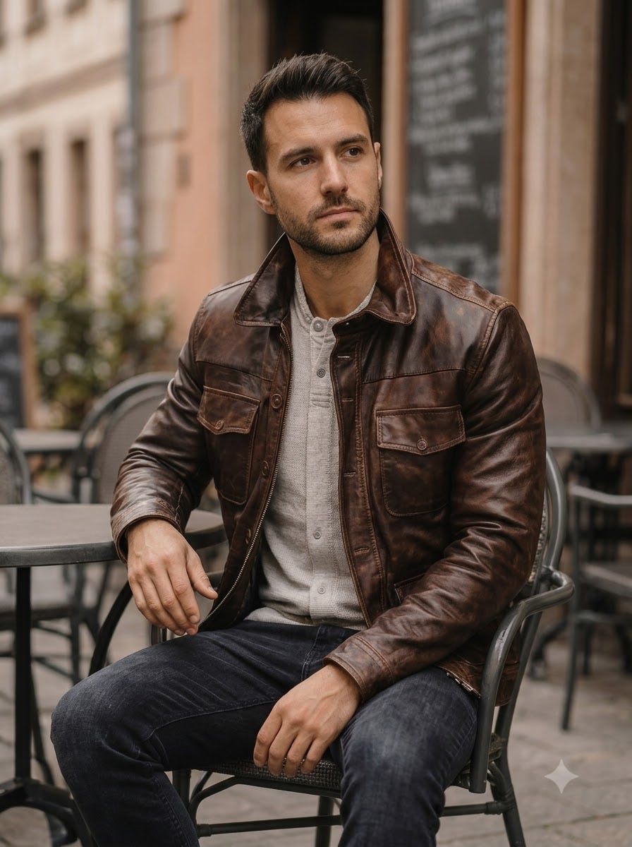 Taj Heritage Distressed Antique Brown Moto Leather Jacket