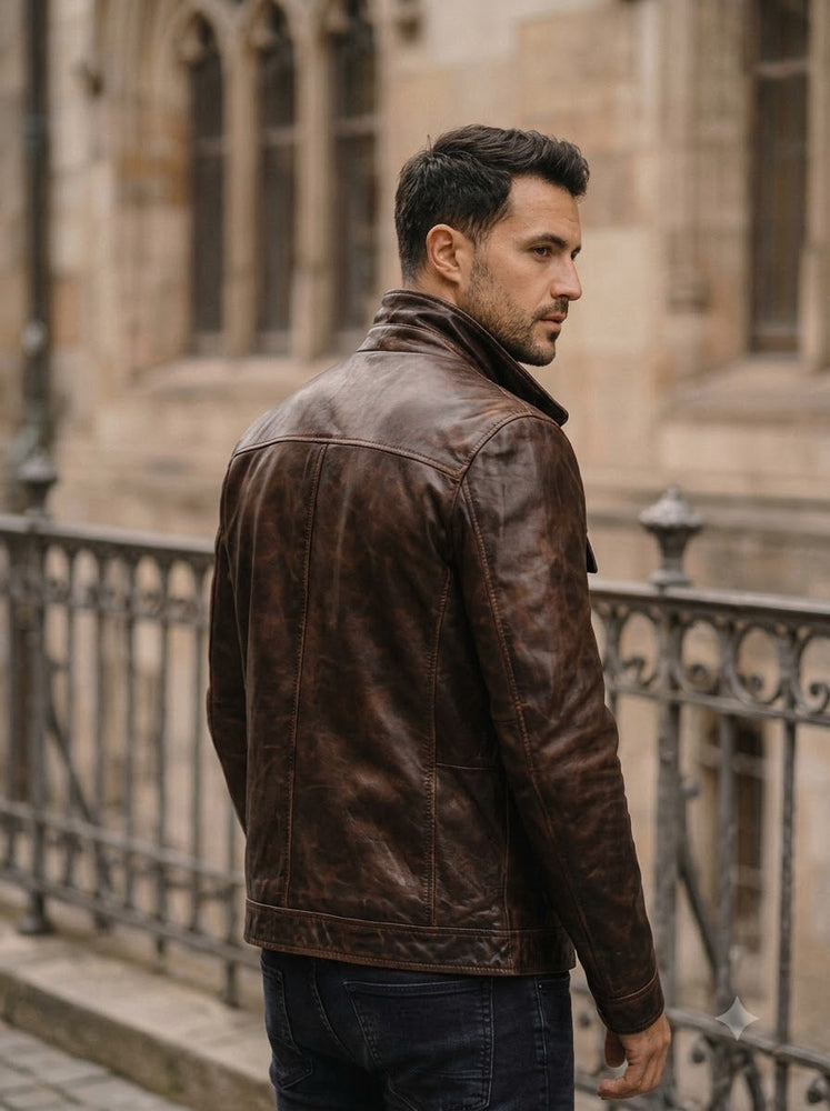 Taj Heritage Distressed Antique Brown Moto Leather Jacket