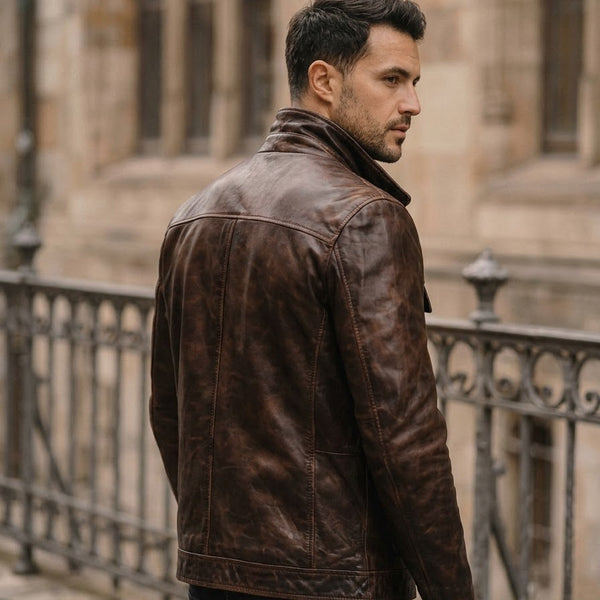 Taj Heritage Distressed Antique Brown Moto Leather Jacket