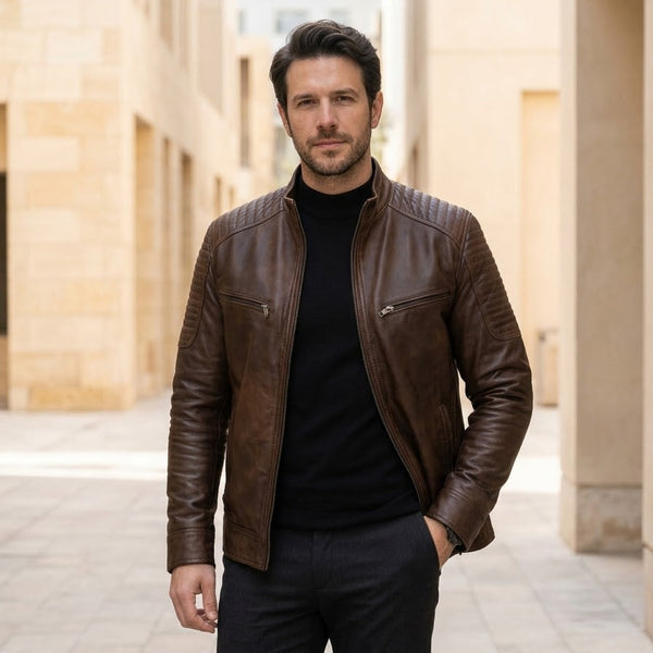 Taj Signature Chestnut Diamond-Stitch Cafe Racer Jacket