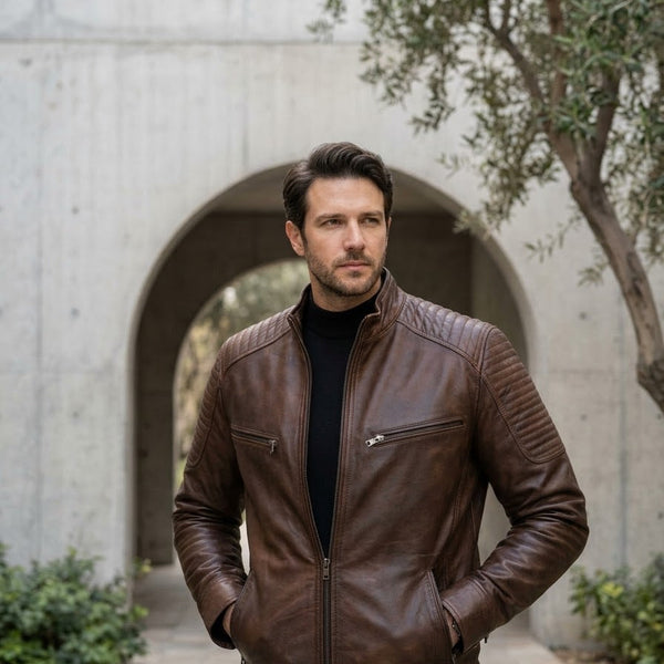 Taj Signature Chestnut Diamond-Stitch Cafe Racer Jacket