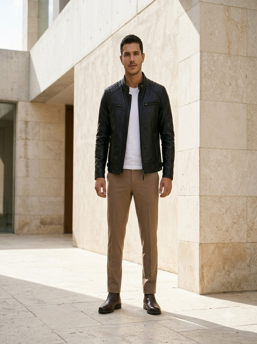 Taj Bespoke Stealth Ribbed Stand-Collar Leather Jacket