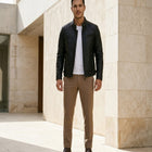Taj Bespoke Stealth Ribbed Stand-Collar Leather Jacket