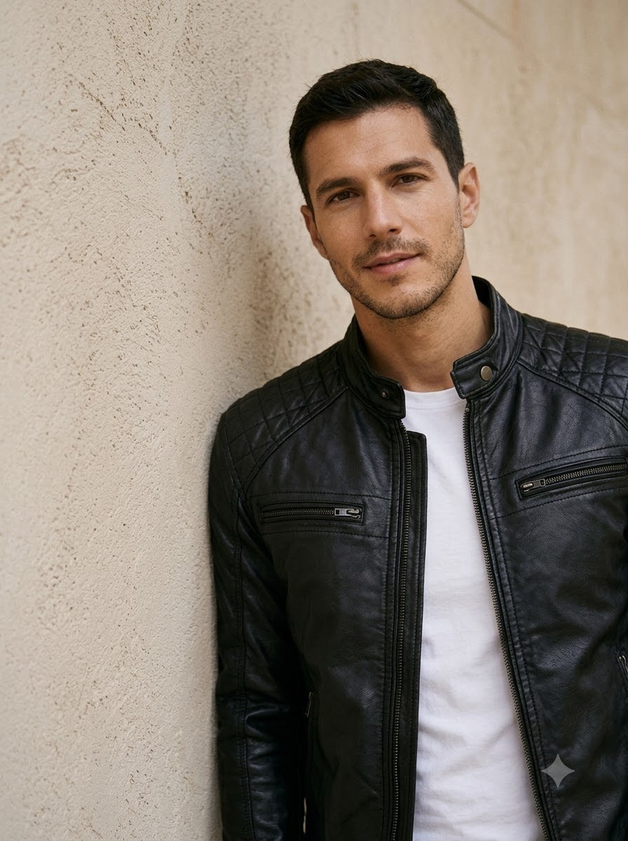 Taj Bespoke Stealth Ribbed Stand-Collar Leather Jacket