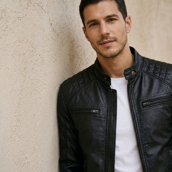 Taj Bespoke Stealth Ribbed Stand-Collar Leather Jacket