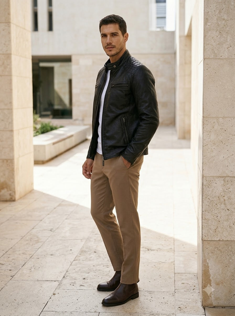 Taj Bespoke Stealth Ribbed Stand-Collar Leather Jacket