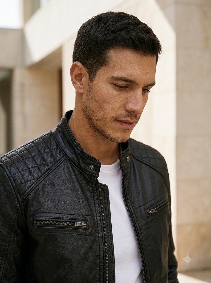 Taj Bespoke Stealth Ribbed Stand-Collar Leather Jacket
