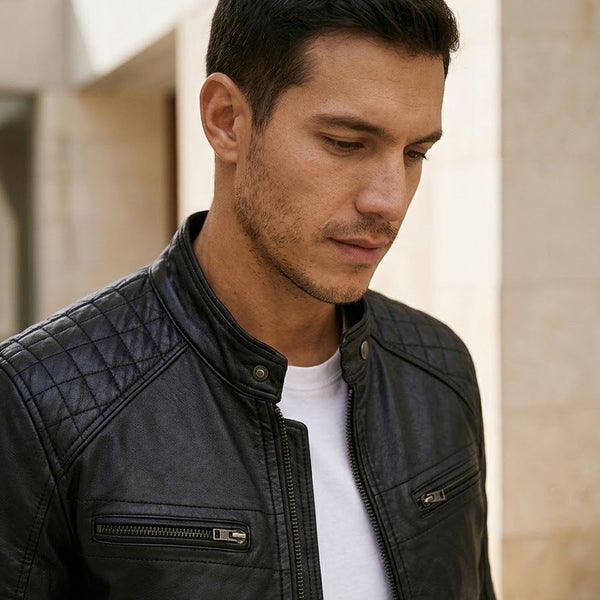 Taj Bespoke Stealth Ribbed Stand-Collar Leather Jacket