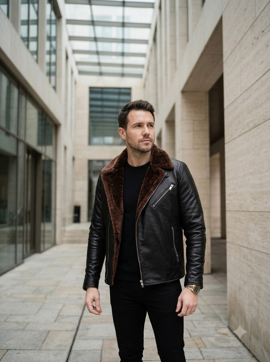 Taj Bespoke Nordic Black Shearling-Collar Biker Jacket