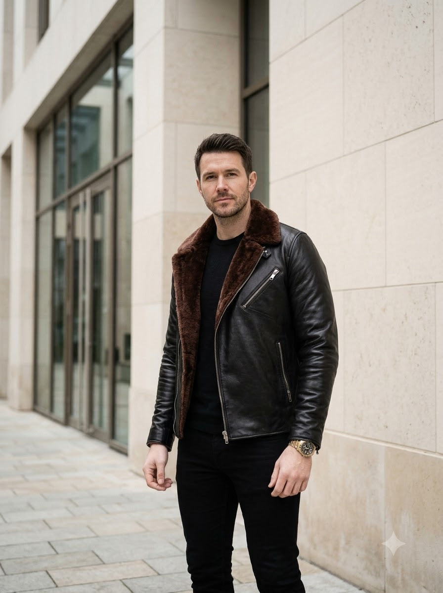 Taj Bespoke Nordic Black Shearling-Collar Biker Jacket