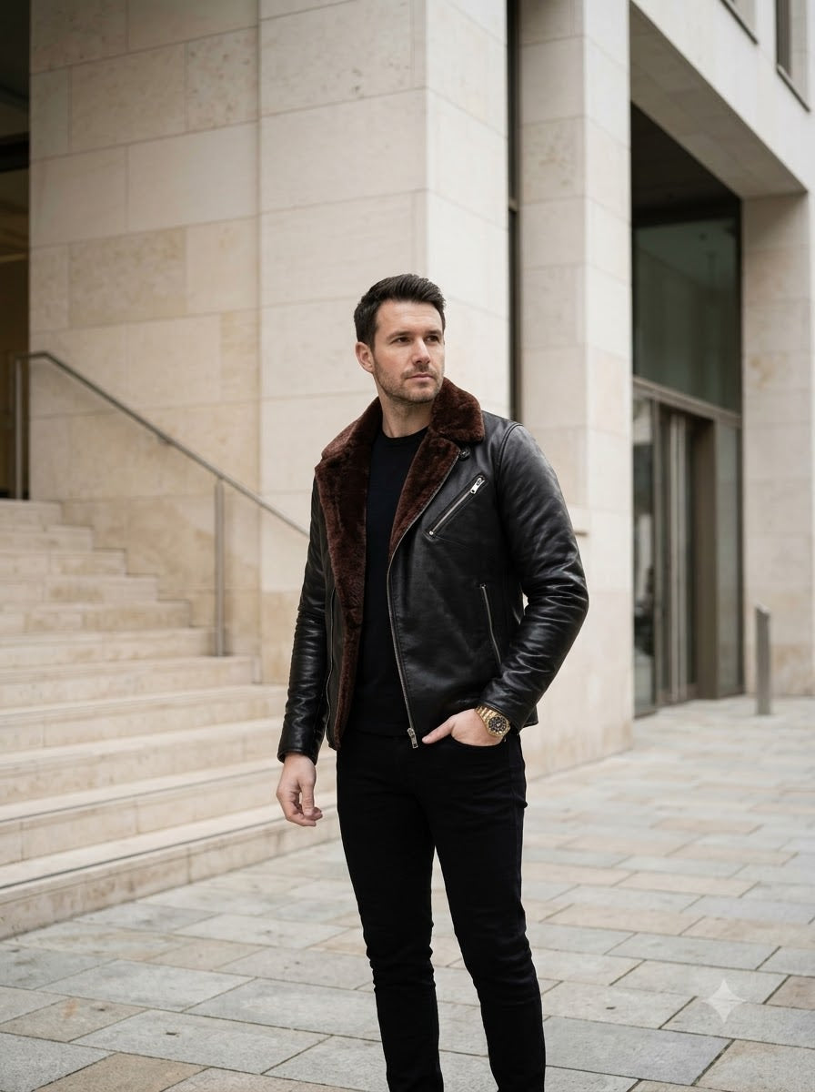 Taj Bespoke Nordic Black Shearling-Collar Biker Jacket