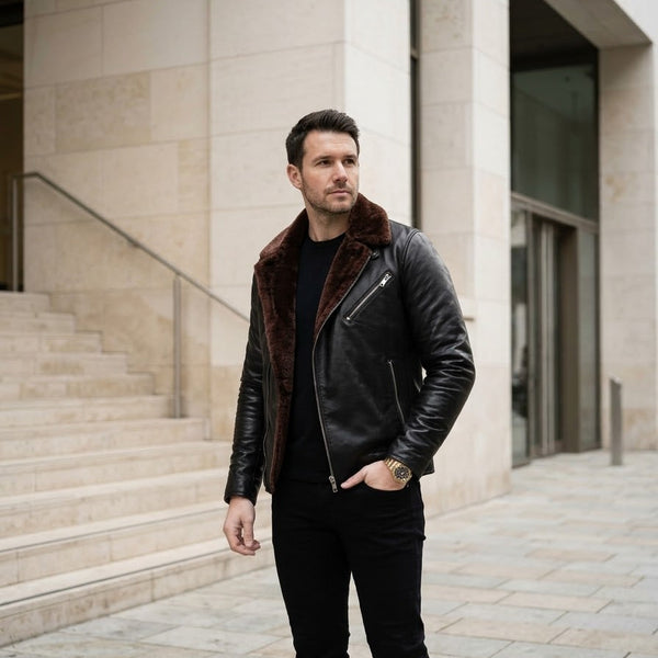 Taj Bespoke Nordic Black Shearling-Collar Biker Jacket