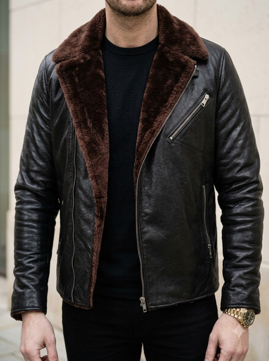 Taj Bespoke Nordic Black Shearling-Collar Biker Jacket